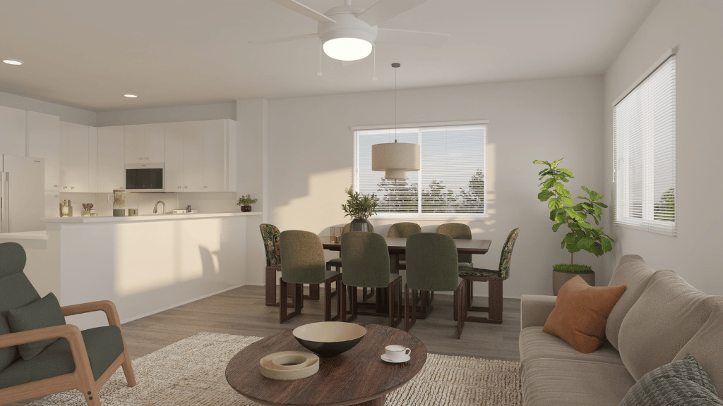 Interior rendering living and dining area open to kitchen
