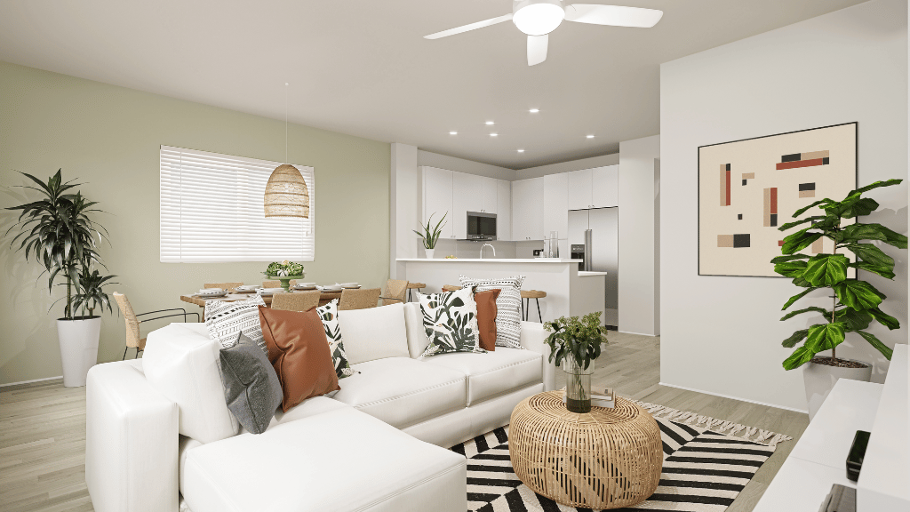 Interior living and dining room open to kitchen