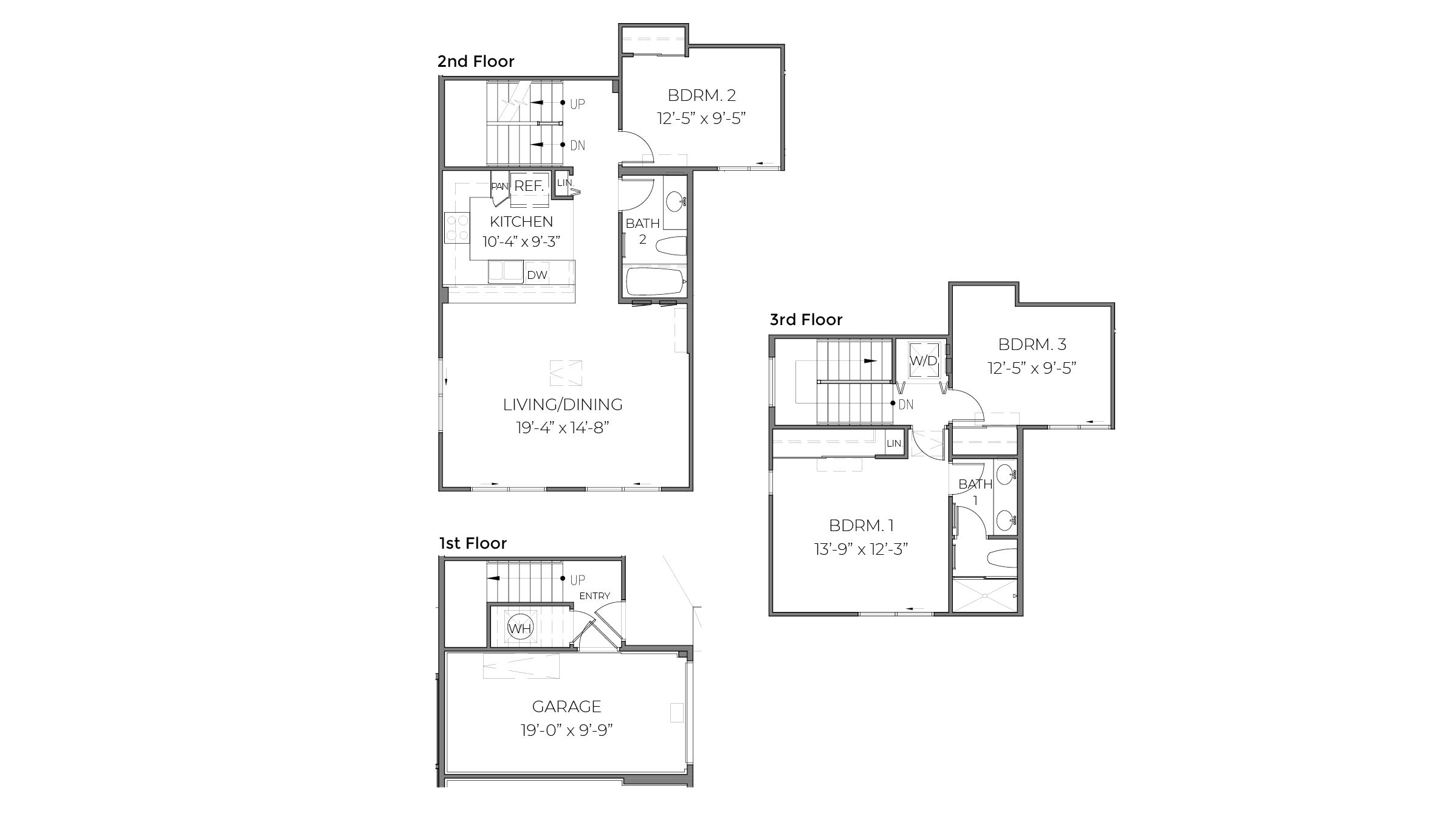 Interior floorplan drawing three bedrooms