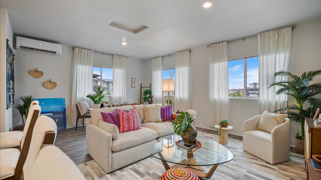 Interior living and dining room open to kitchen