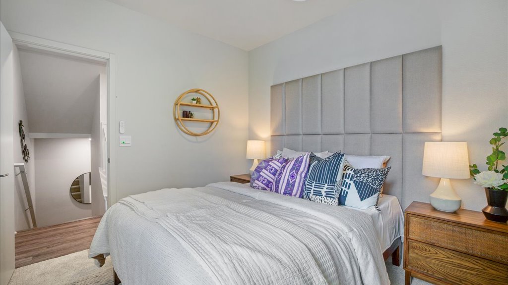 Interior bedroom with sliding closet doors
