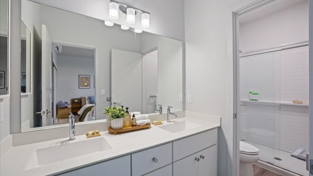 Interior bathroom with toilet vanity and walk in shower