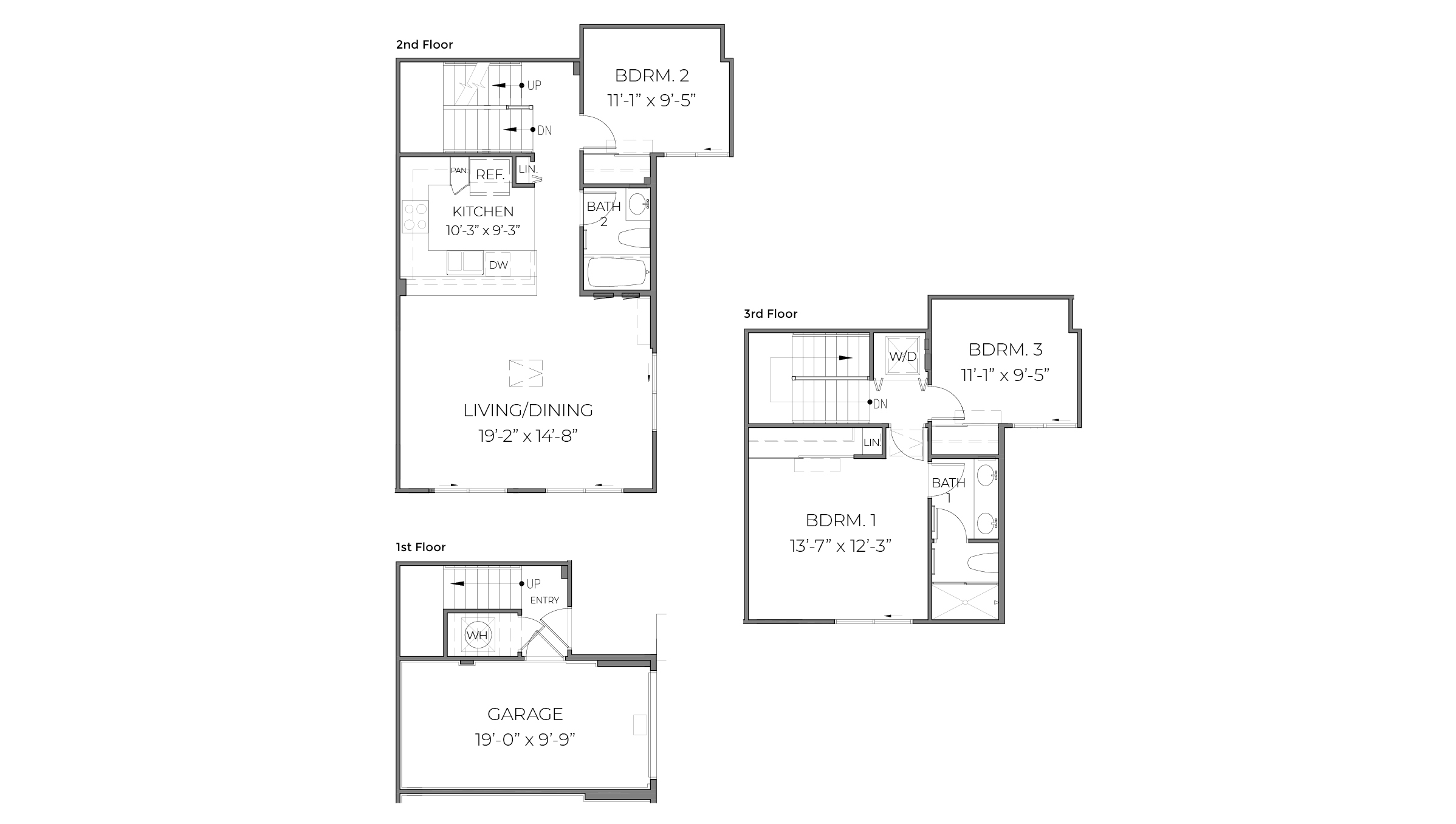 Interior floorplan drawing 3 bedroom and three story