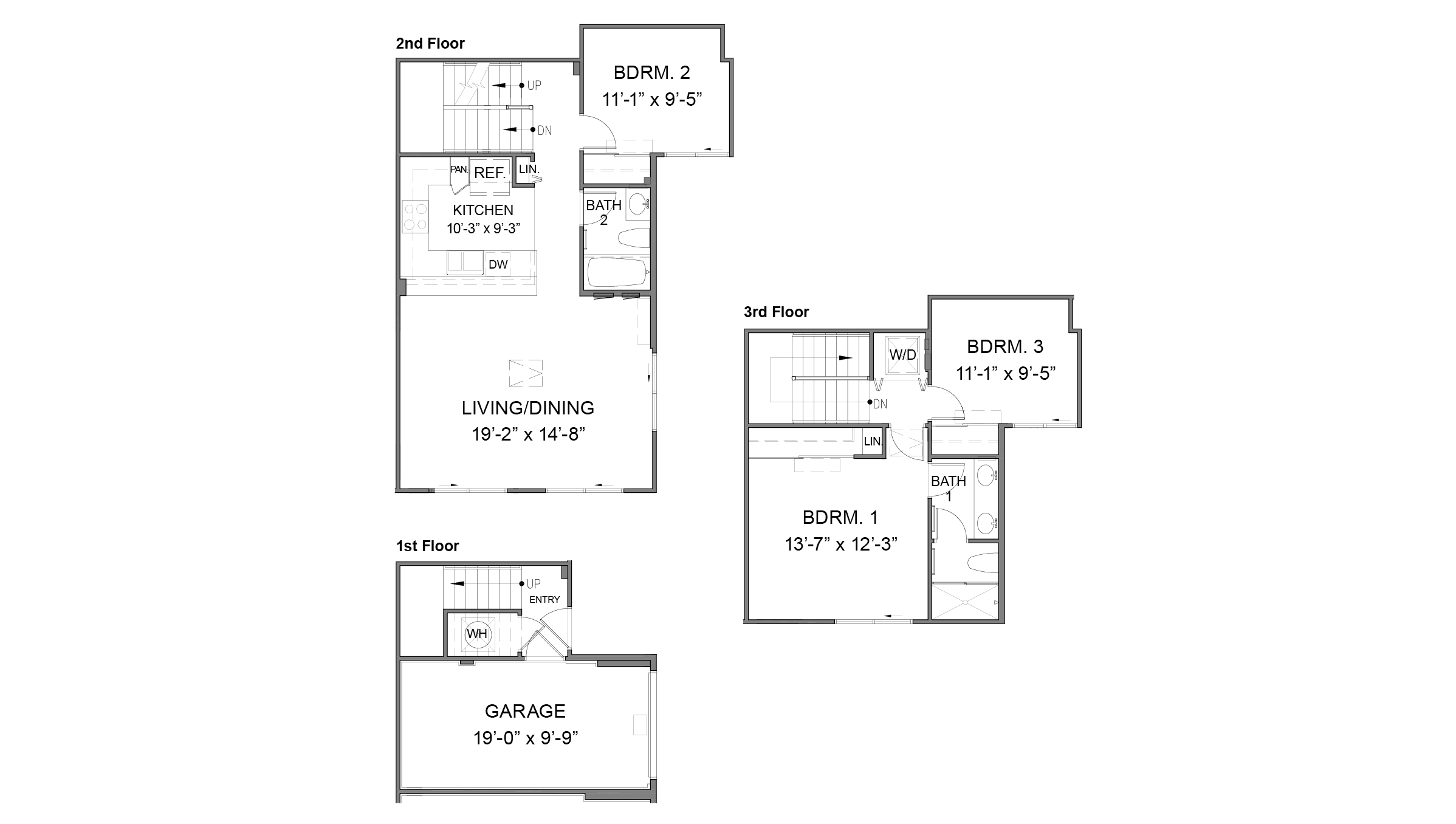 Interior floorplan drawing three bedrooms