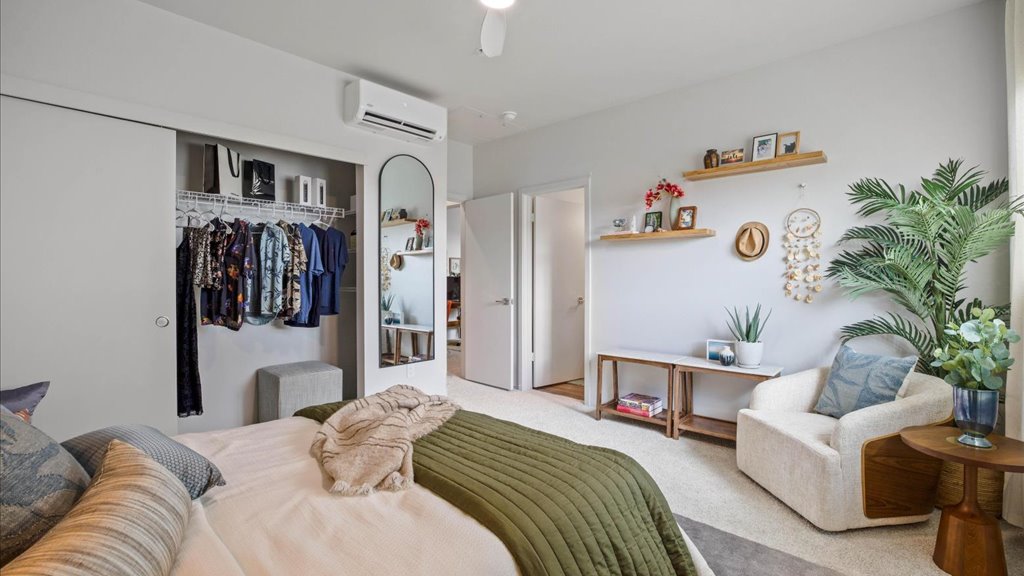 Interior bedroom with large window