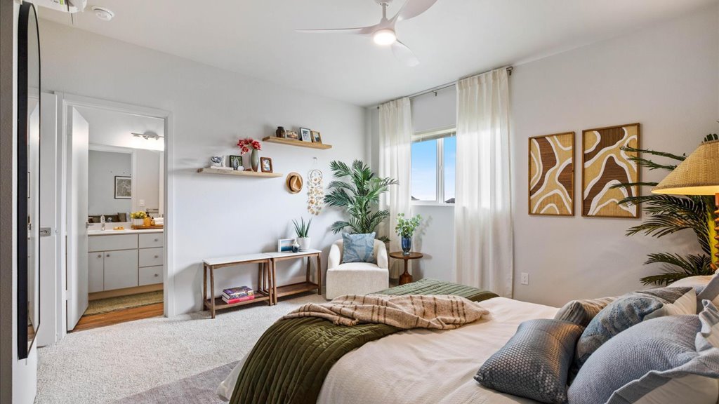 Interior bedroom with large window
