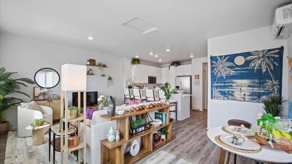 Interior living and dining room open to kitchen