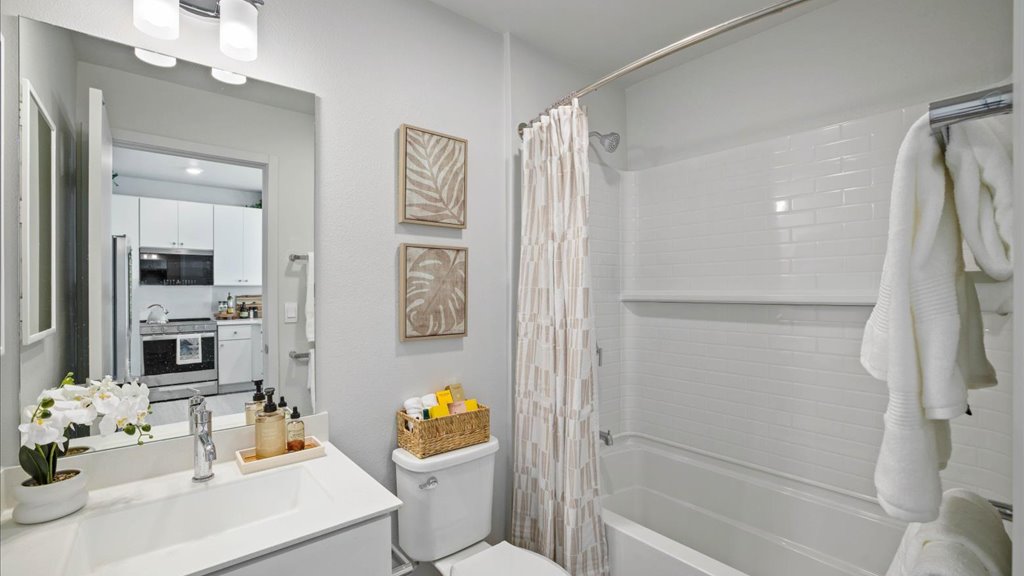 Interior bathroom with toilet vanity and walk in shower
