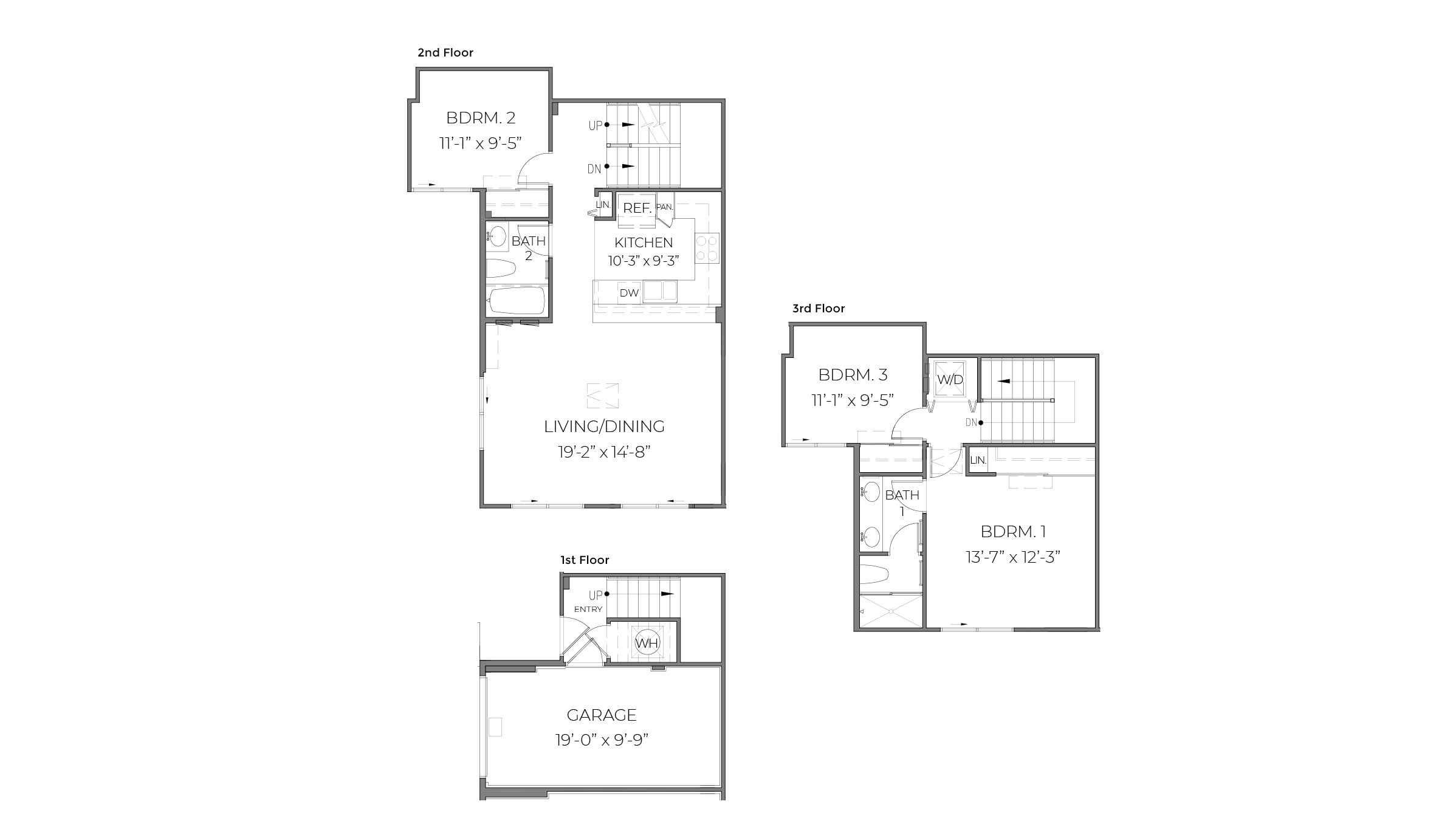 Interior floorplan drawing three bedrooms