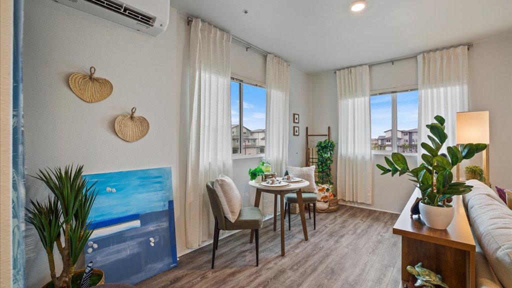 Interior living and dining room open to kitchen