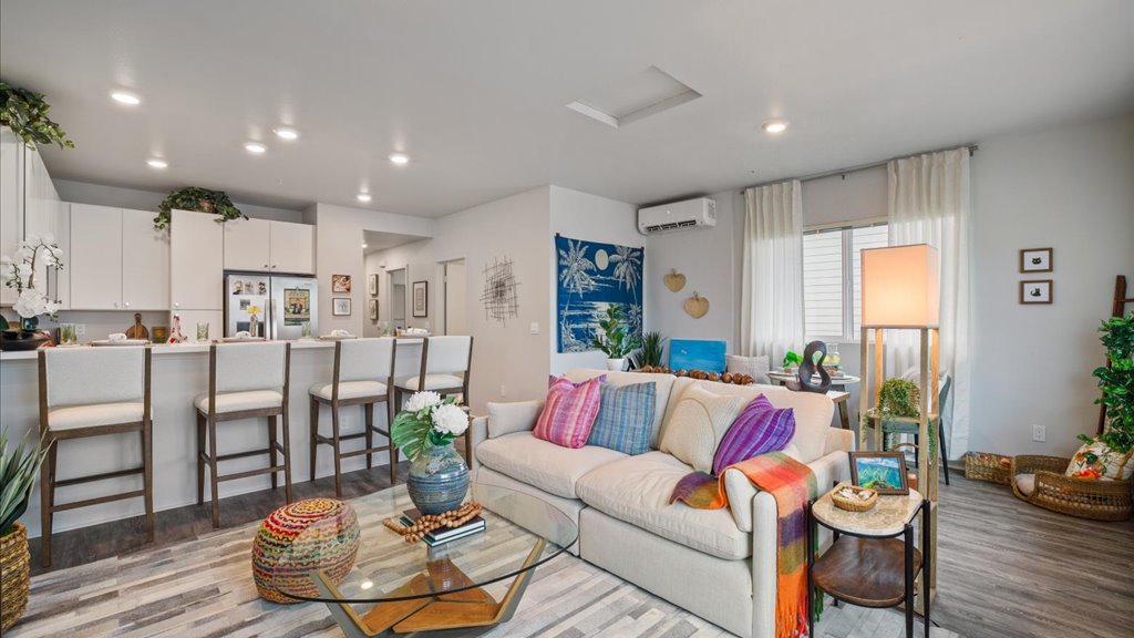 Interior living and dining room open to kitchen