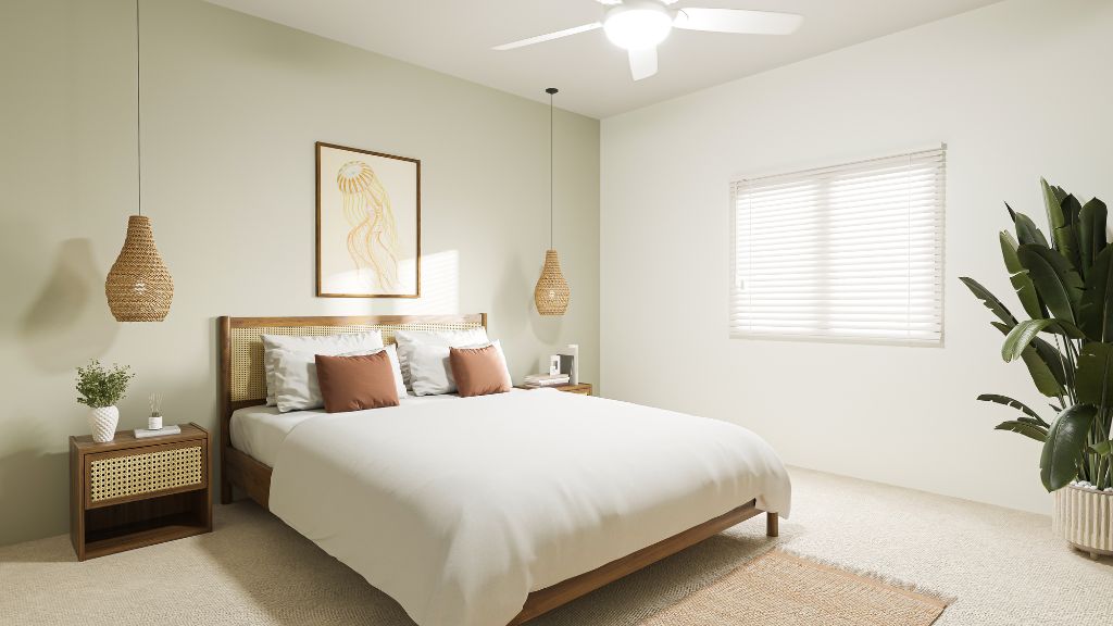 Interior bedroom with large window