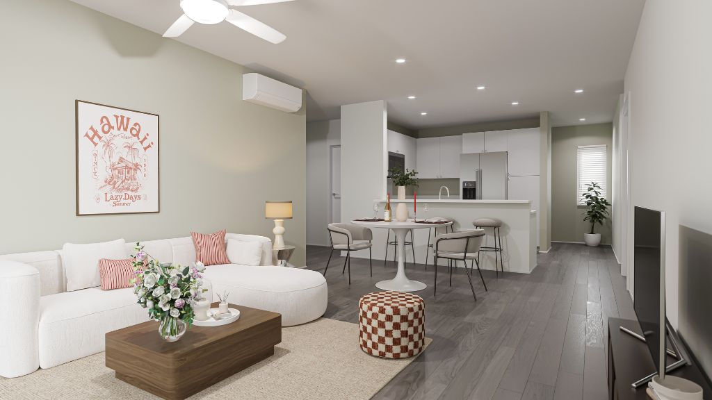 Interior rendering living room open to kitchen