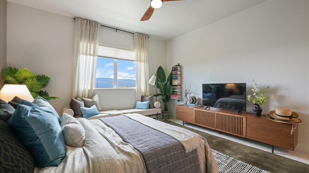 Interior bedroom with large window