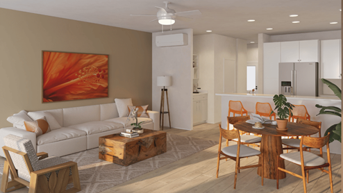 Interior living and dining room open to kitchen