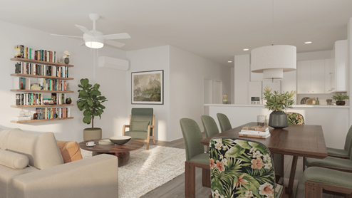 Interior living and dining room open to kitchen