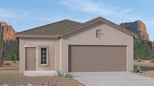 exterior rendering of sophia floor plan single-story home with two car garage and tile roof