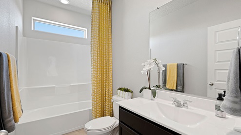 secondary bathroom in hallway with tub and vanity
