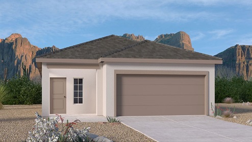 exterior rendering of sophia floor plan with tile roof and two-car garage