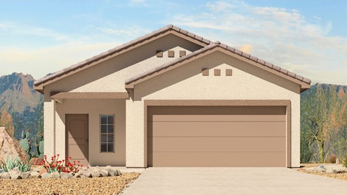 exterior rending of the sierra floorplan with tile roof and two car garage