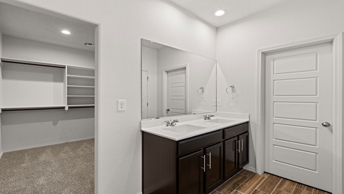 Primary suite with doorway leading to primary bathroom and walk-in closet.