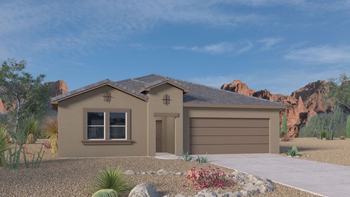 exterior rendering single story home with tile roof and two car garage
