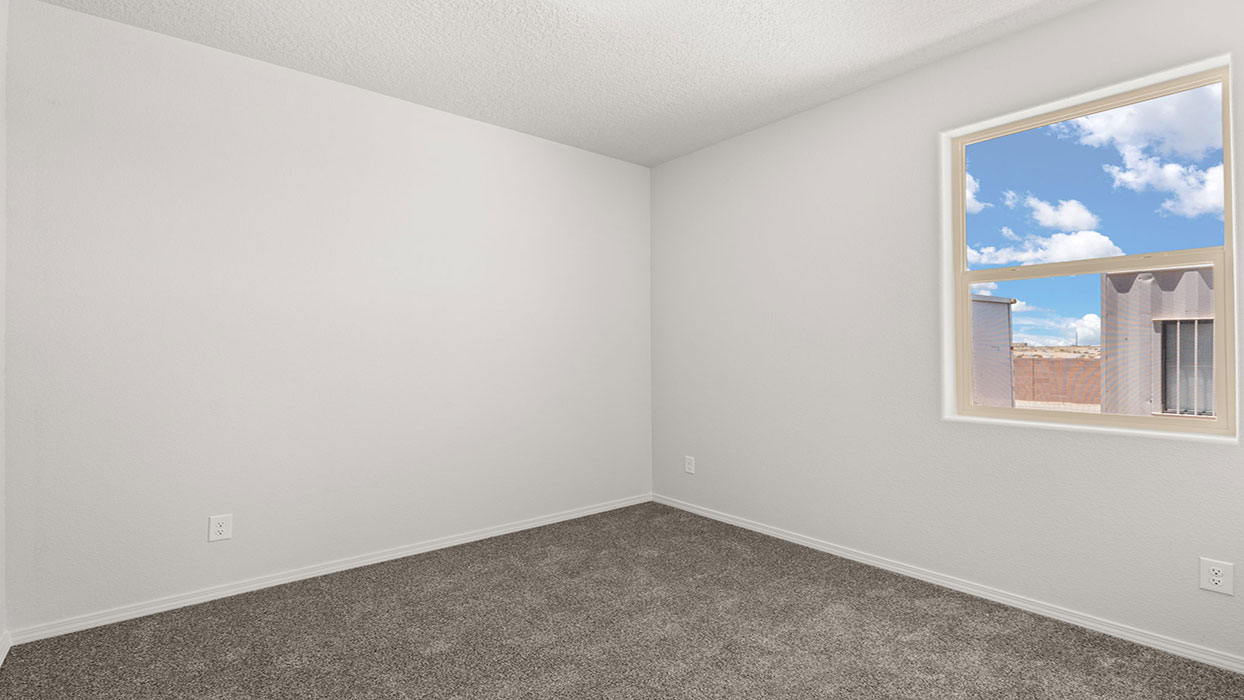 Secondary bedroom with carpet floor, one window and closet with door