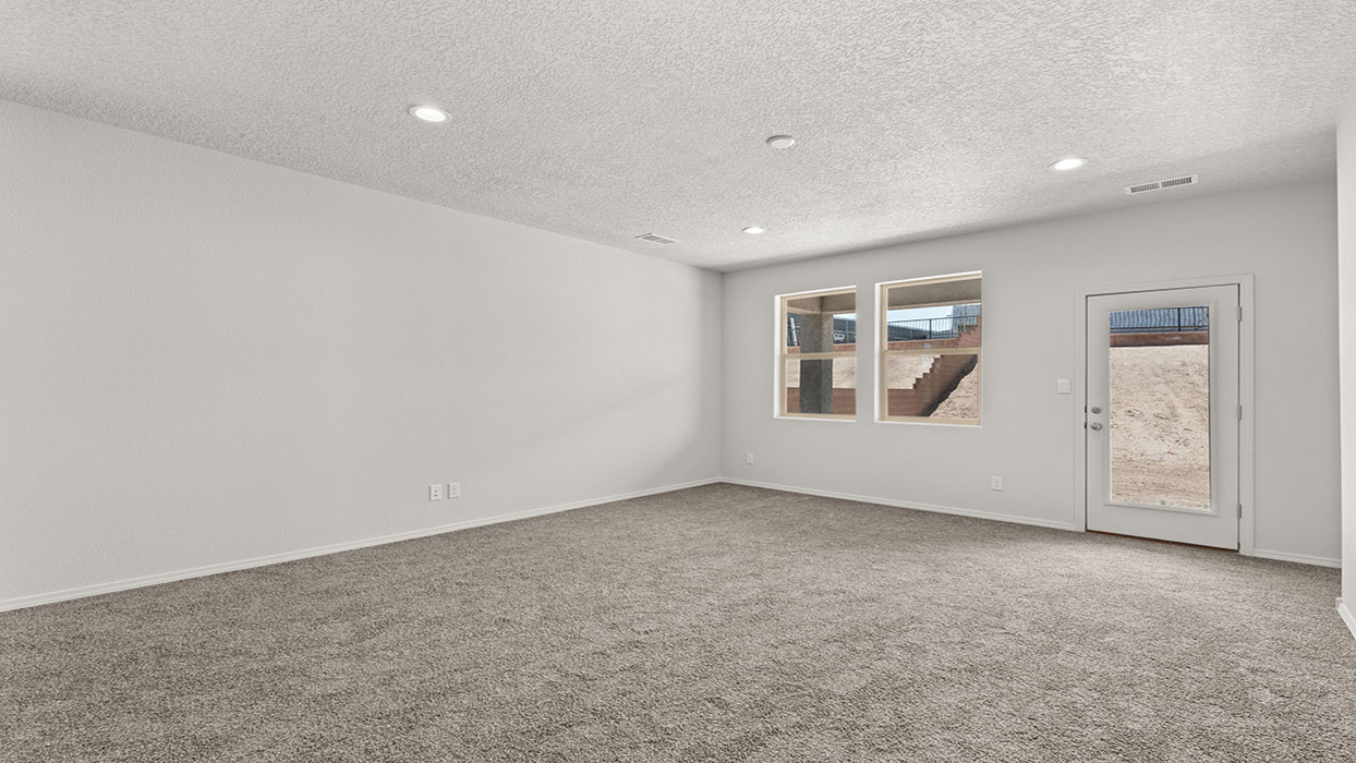 living room with carpet and two windows next to back door overlooking back yard.