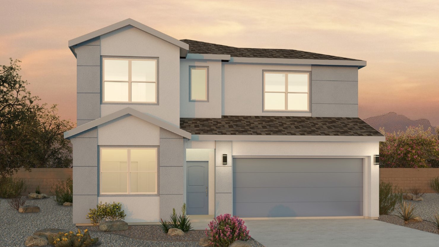 Two story home with a white and blue exterior and a two car garage.