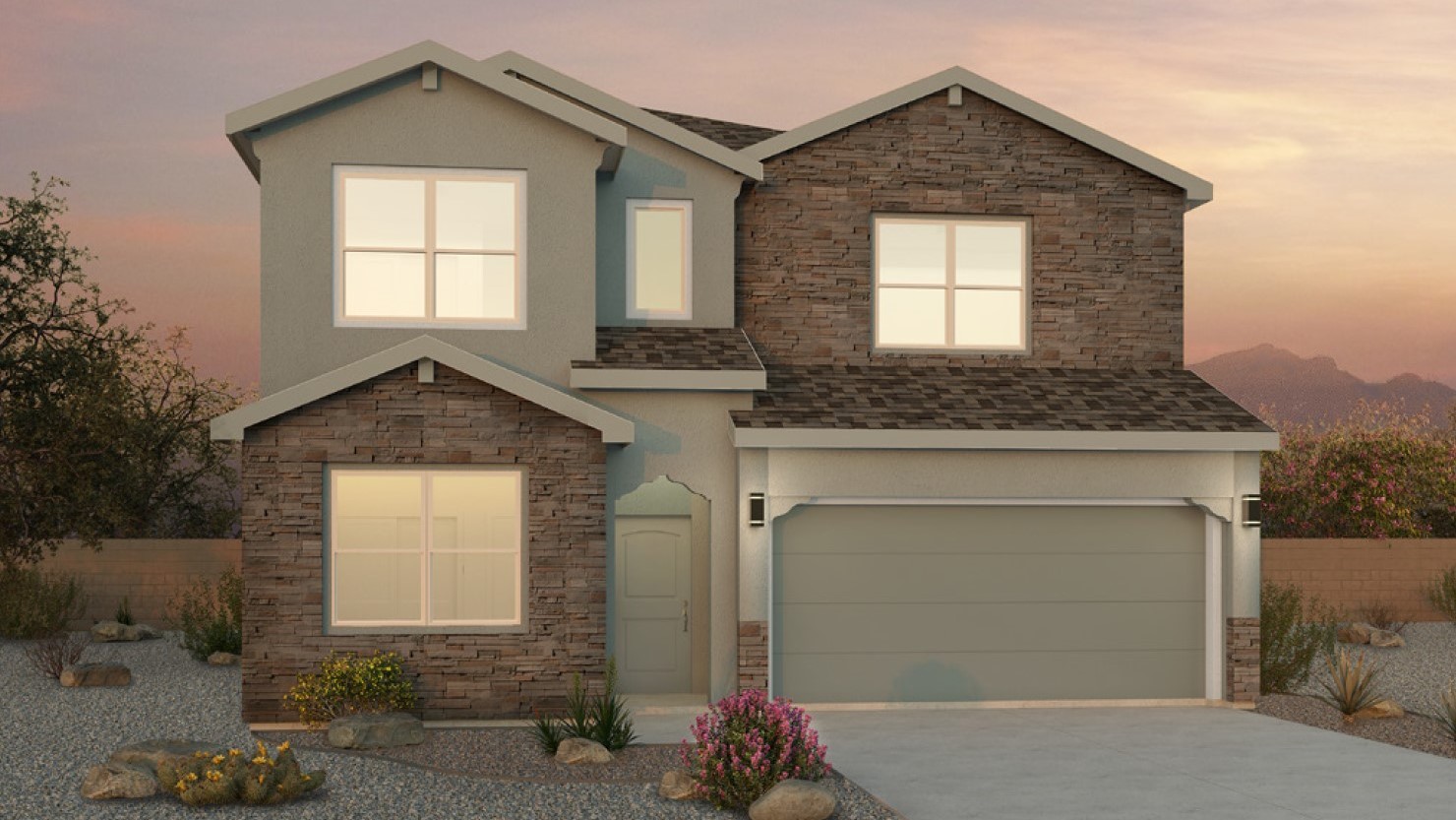 Two story home with a green exterior and a two car garage.