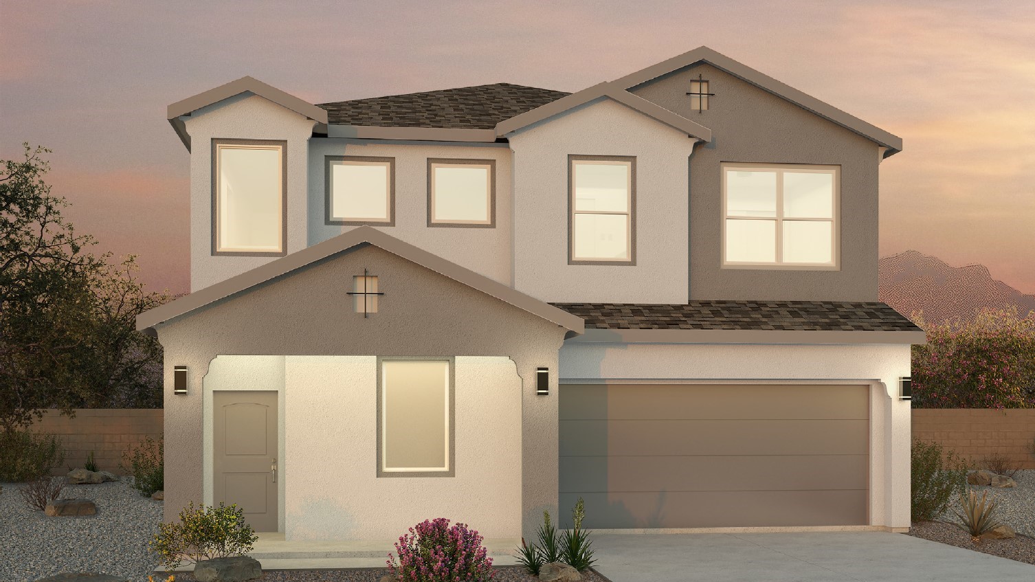 Two story home with a white and brown exterior and a two car garage.
