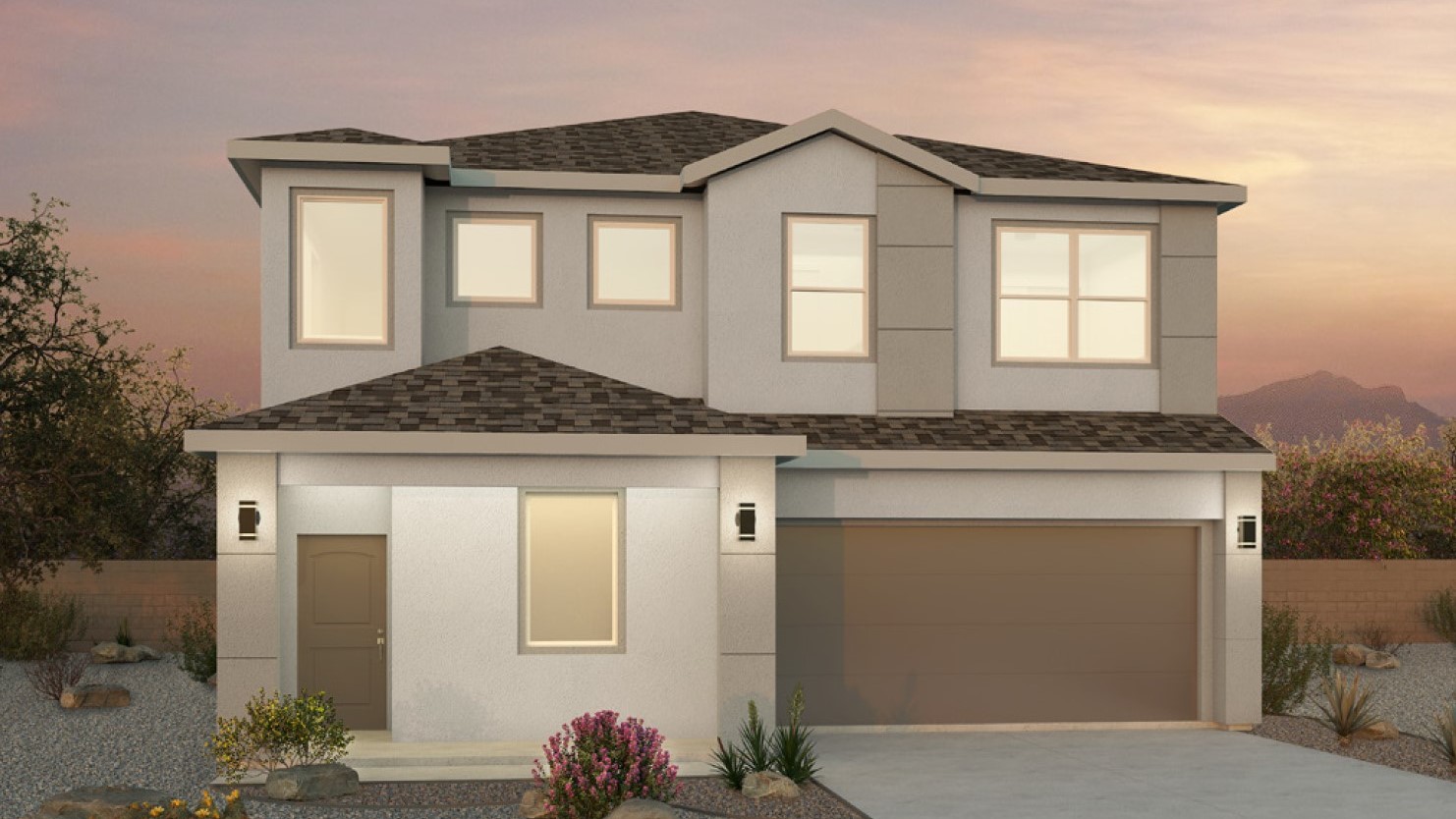 Two story home with a white and brown exterior and a two car garage.