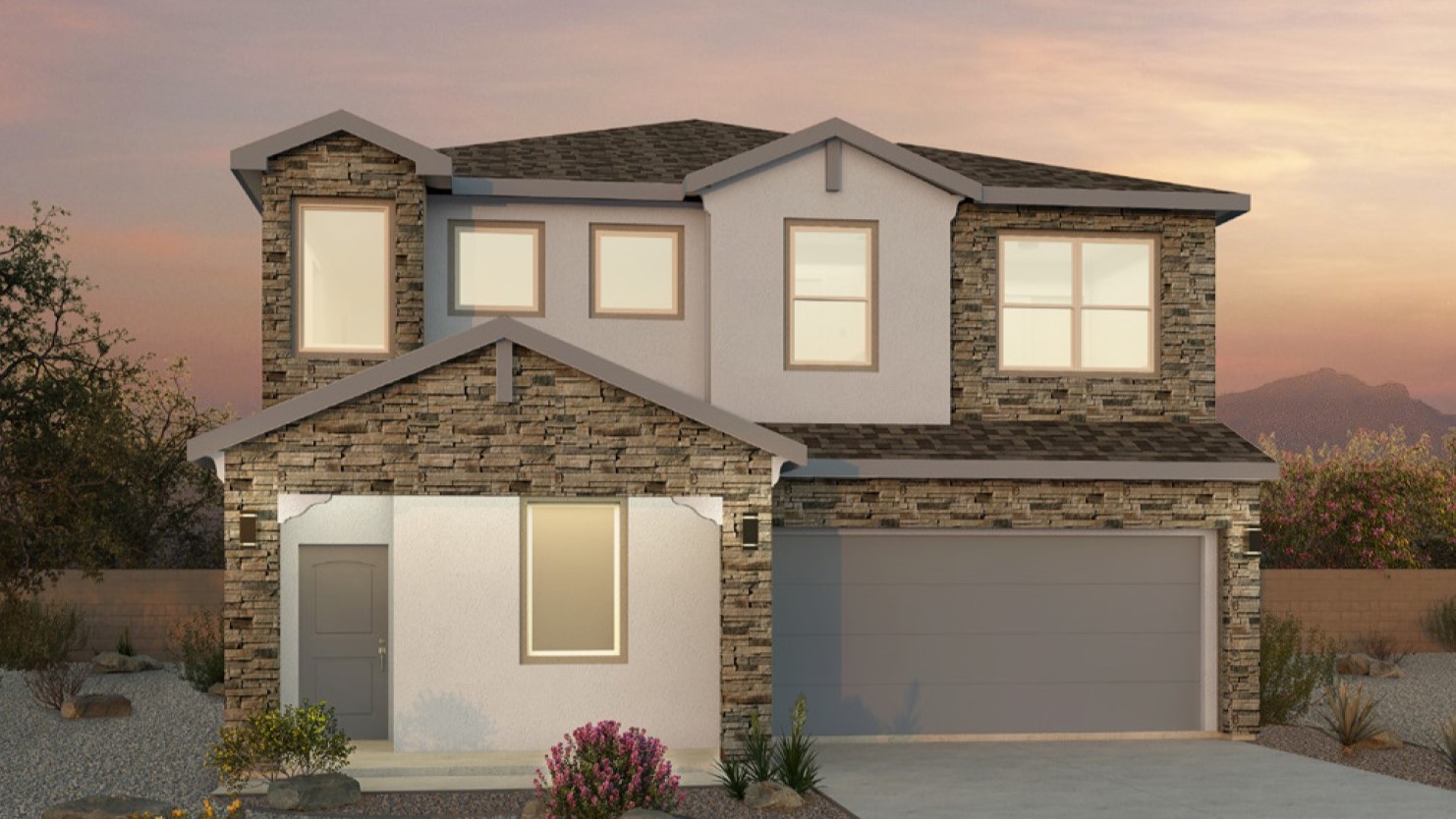 Two story home with a white and brown exterior and a two car garage.