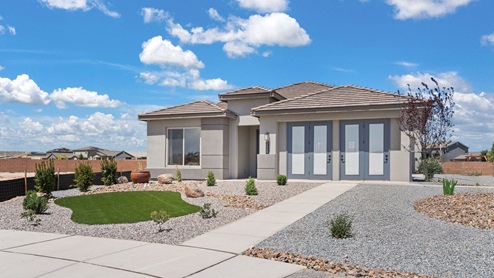 The Destin Model with blue accents modern exterior
