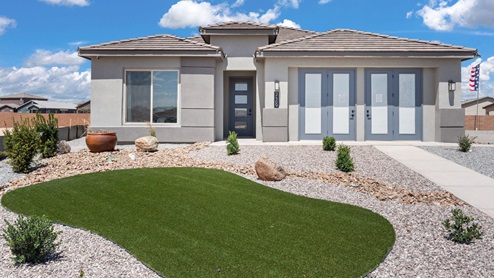 The Destin Model with blue accents modern exterior