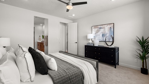 The destin primary suite with 3 large panel windows, carpet flooring, and ceiling fan.