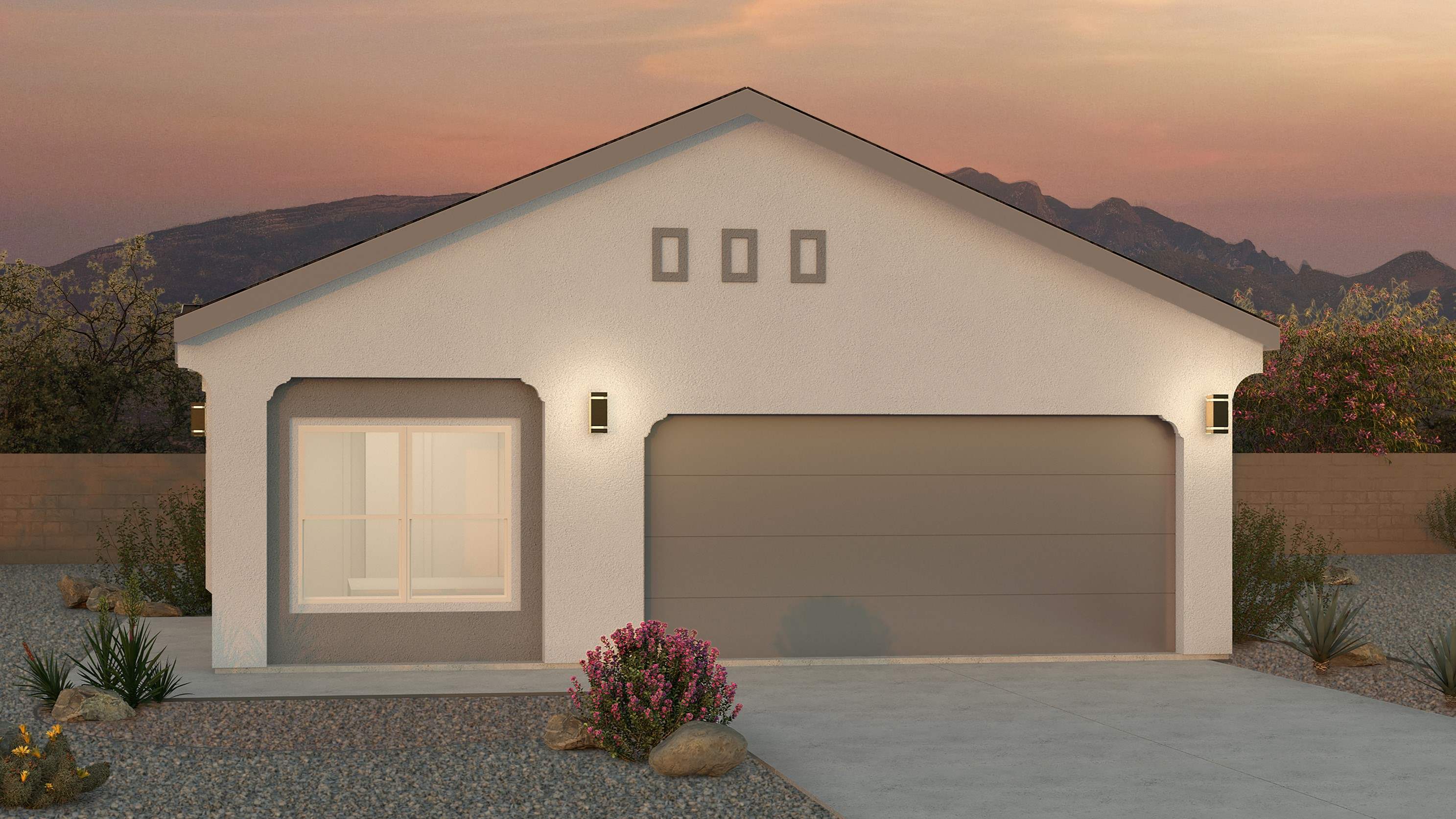 Sawyer Plan exterior showing architectural details, driveway, and front elevation at Los Diamantes Phase III