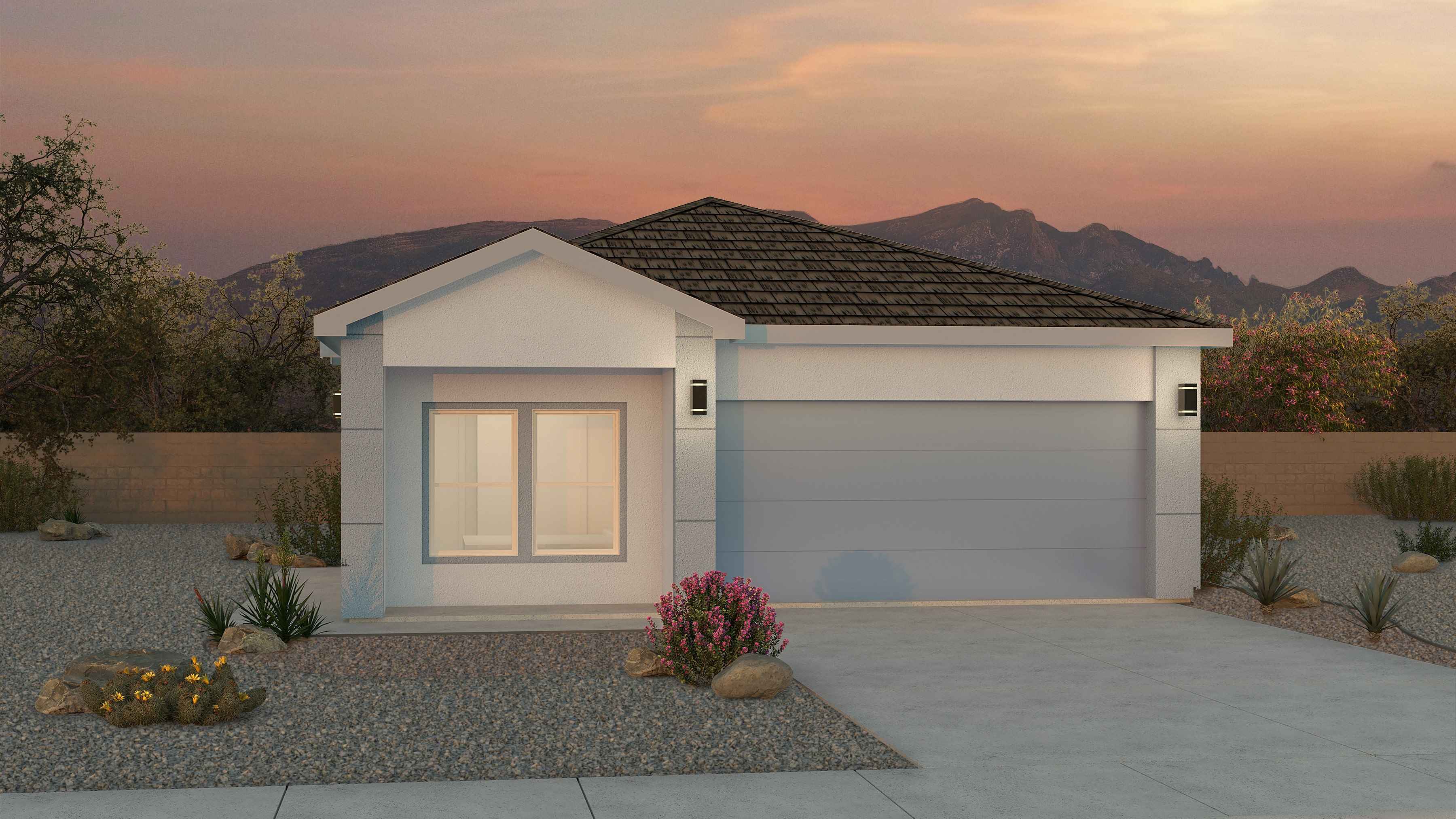 Sawyer Plan exterior angle featuring garage, landscaped entry, and front façade at Los Diamantes Phase III