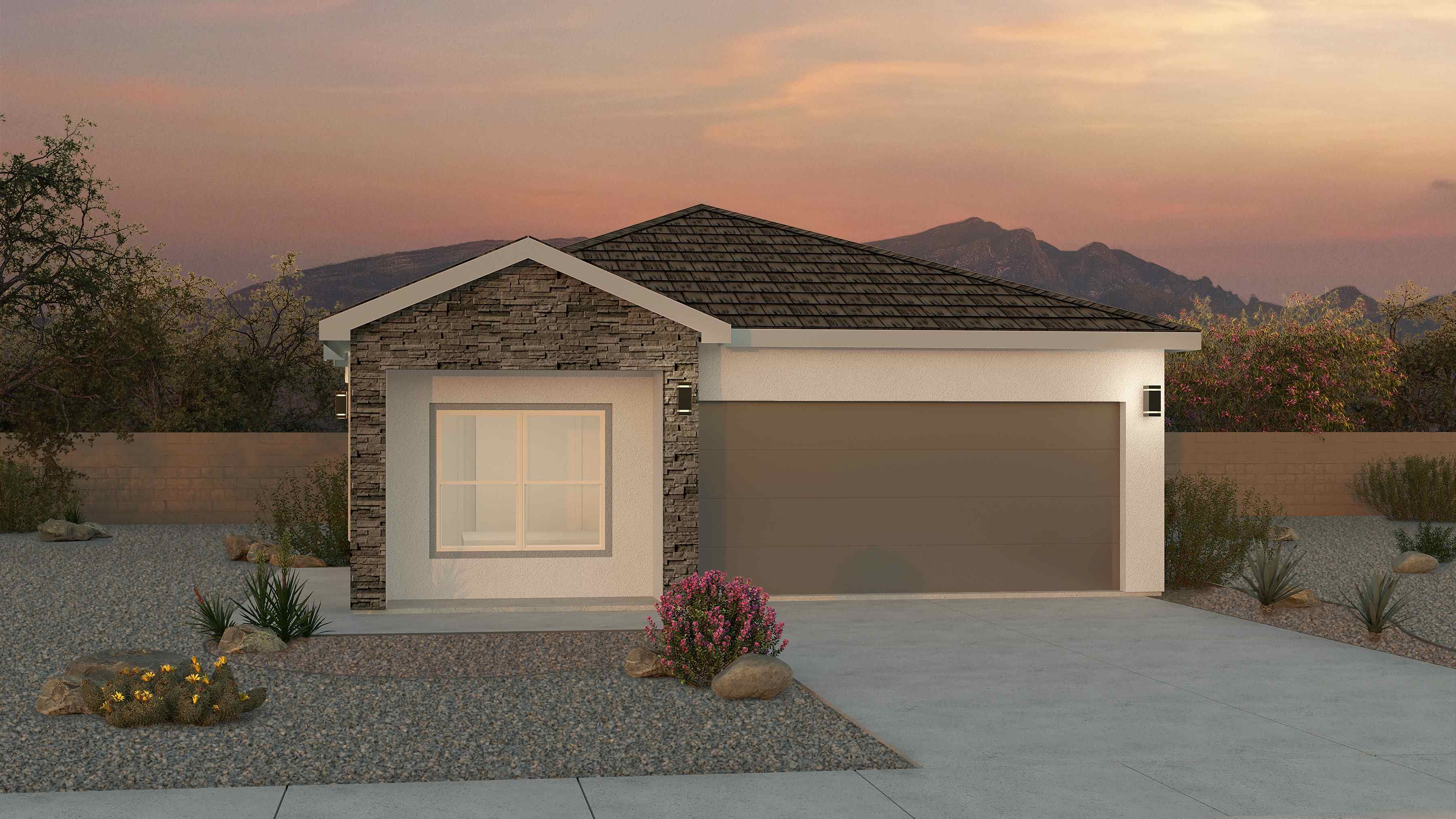 Sawyer Plan front exterior highlighting porch, entry walkway, and elevation features at Los Diamantes Phase III