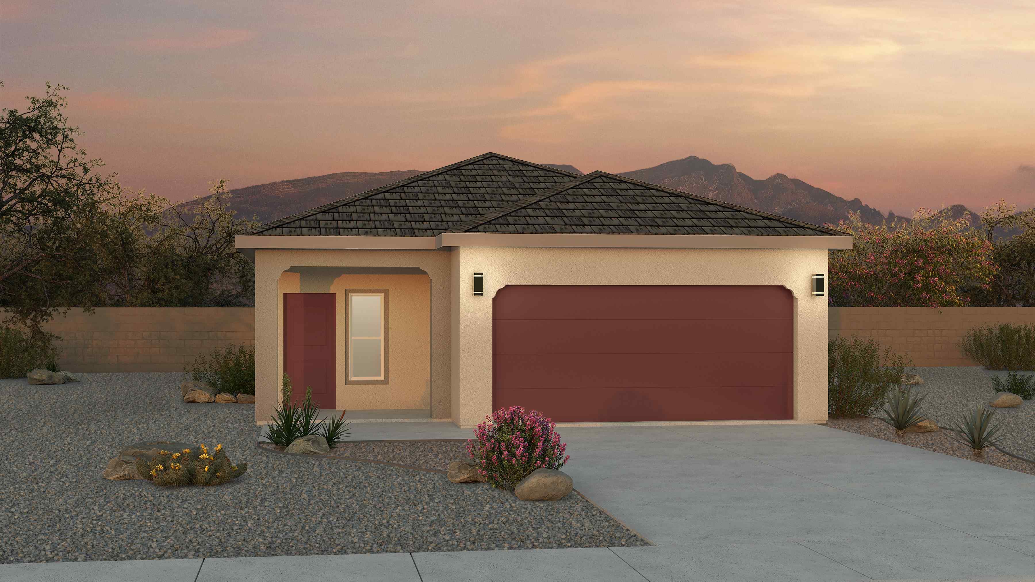 Exterior showing architectural details, driveway, and front elevation of the Sophia Plan at Los Diamantes Phase III