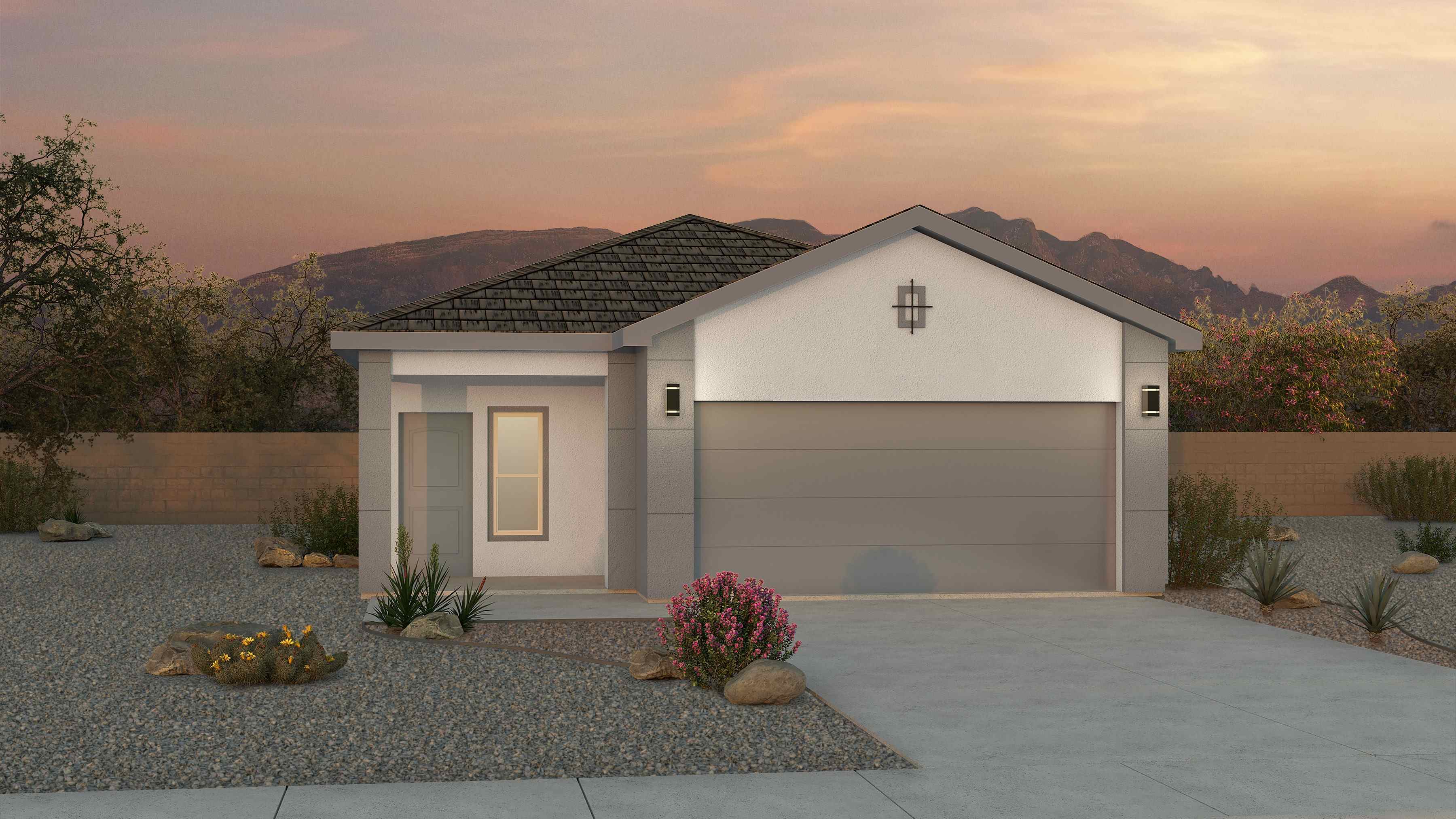 Exterior angle featuring garage, landscaped entry, and front façade of the Sophia Plan at Los Diamantes Phase III