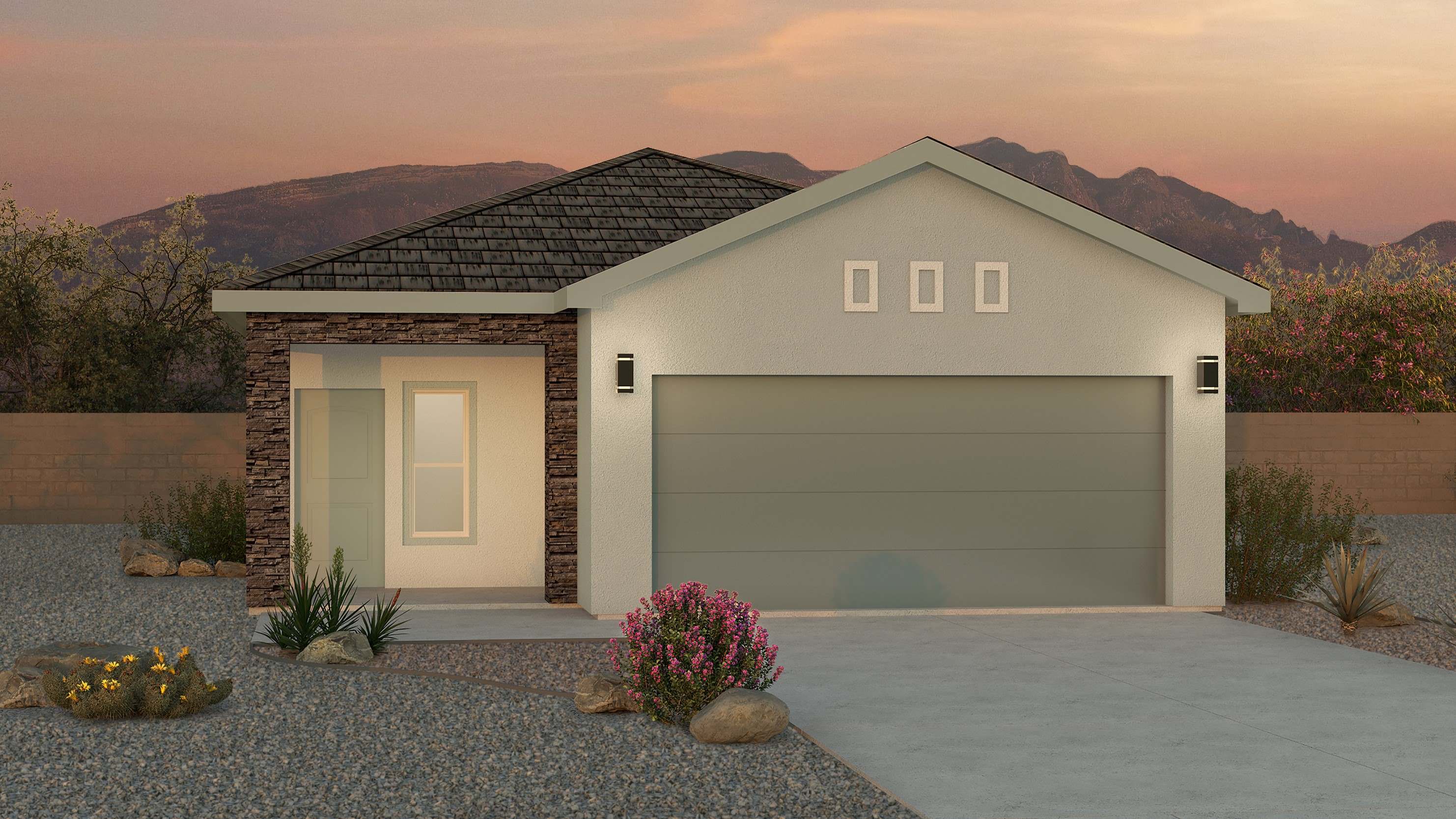 Front exterior of the Sophia Plan highlighting porch, entry walkway, and elevation features at Los Diamantes Phase III
