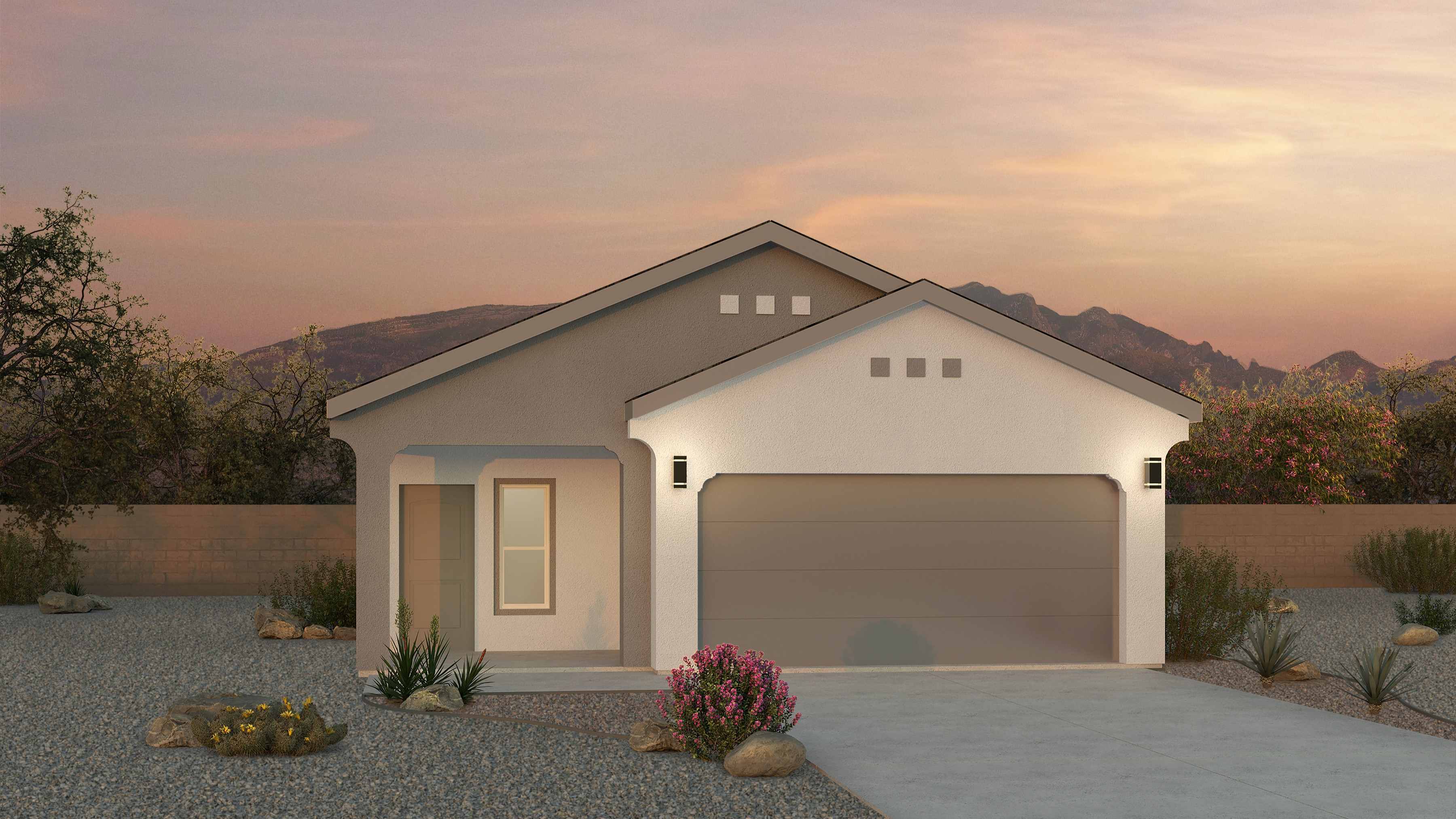 Sierra Plan exterior showing architectural details, driveway, and front elevation at Los Diamantes Phase III