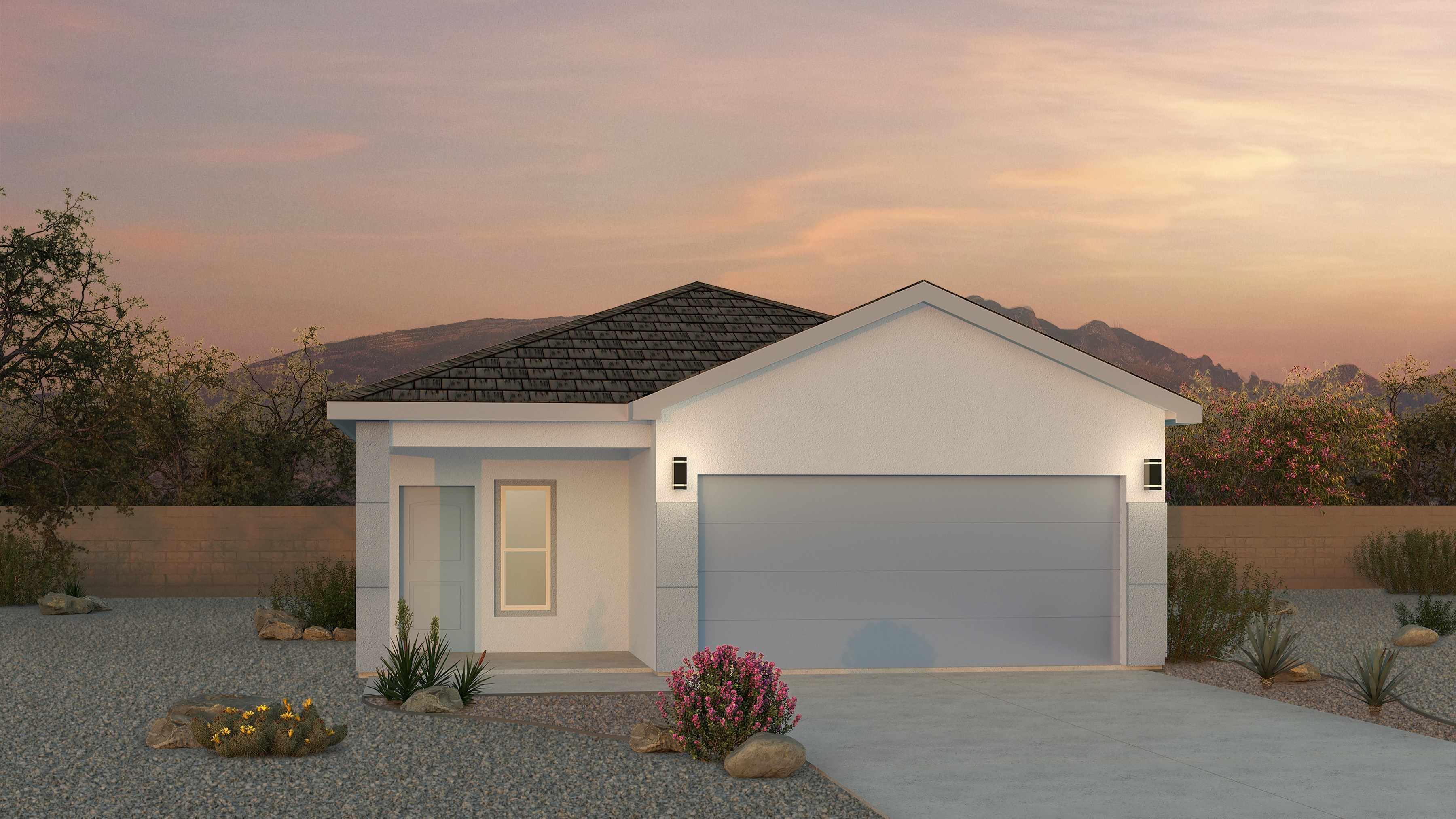 Sierra Plan exterior angle featuring garage, landscaped entry, and front façade at Los Diamantes Phase III