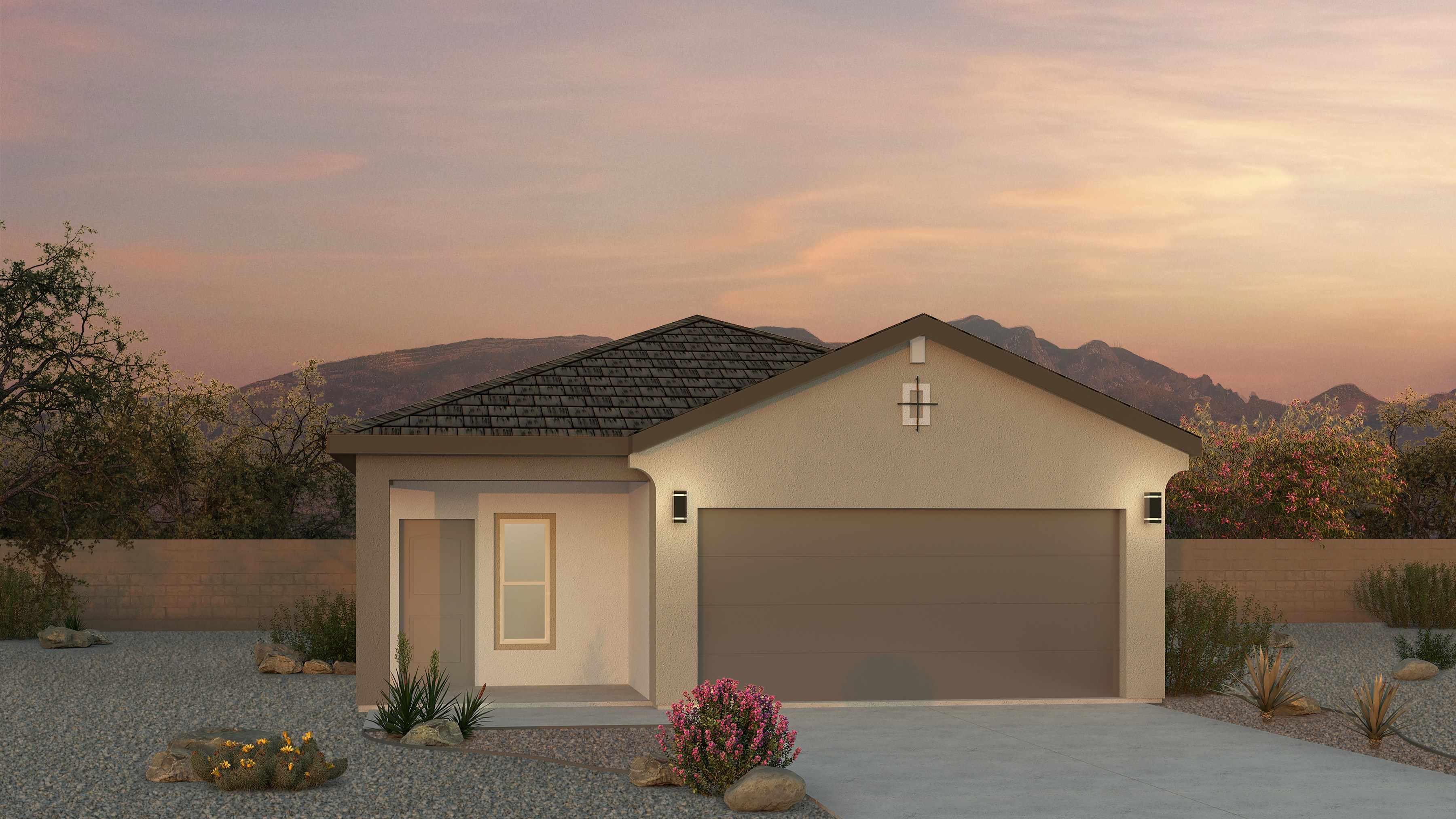 Sierra Plan front exterior highlighting porch, entry walkway, and elevation features at Los Diamantes Phase III