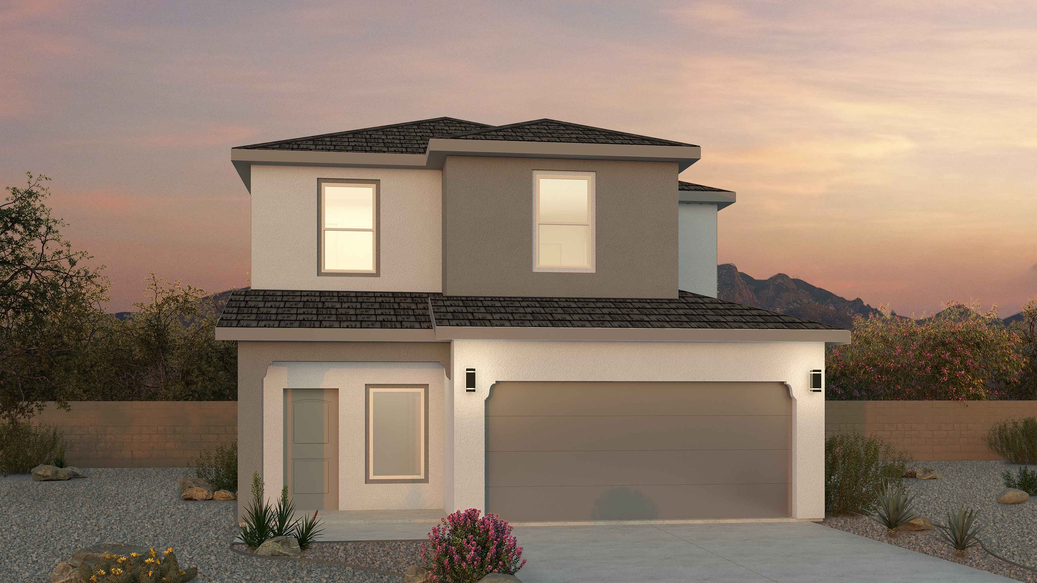 Exterior view of the home showing architectural details, driveway, and front elevation at Los Diamantes Phase III