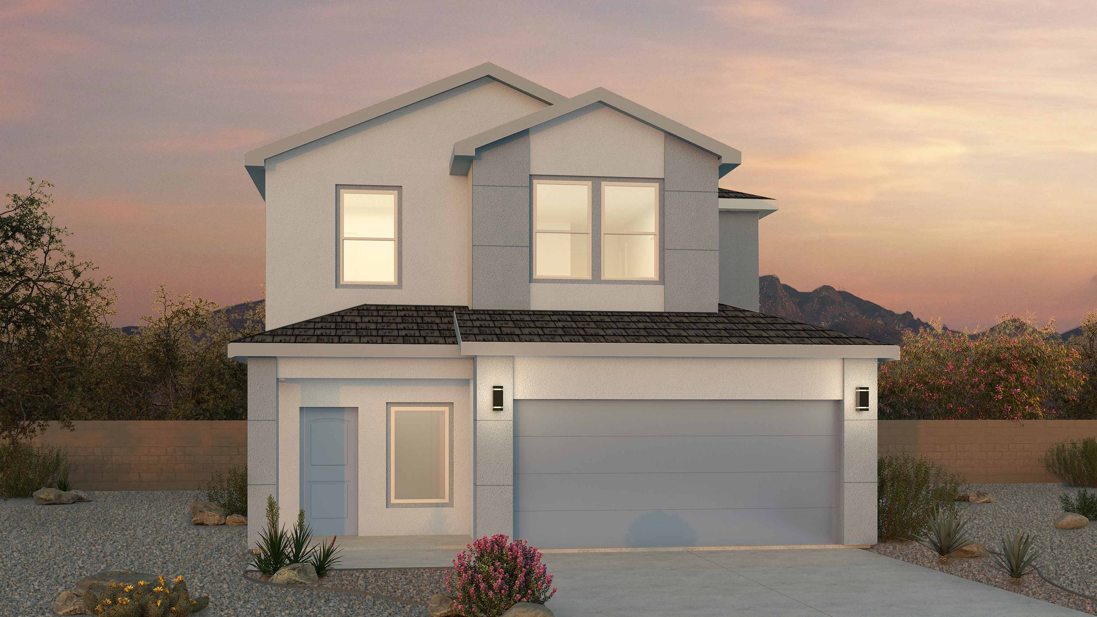 Exterior angle showing garage, landscaped entry, and front façade at Los Diamantes Phase III