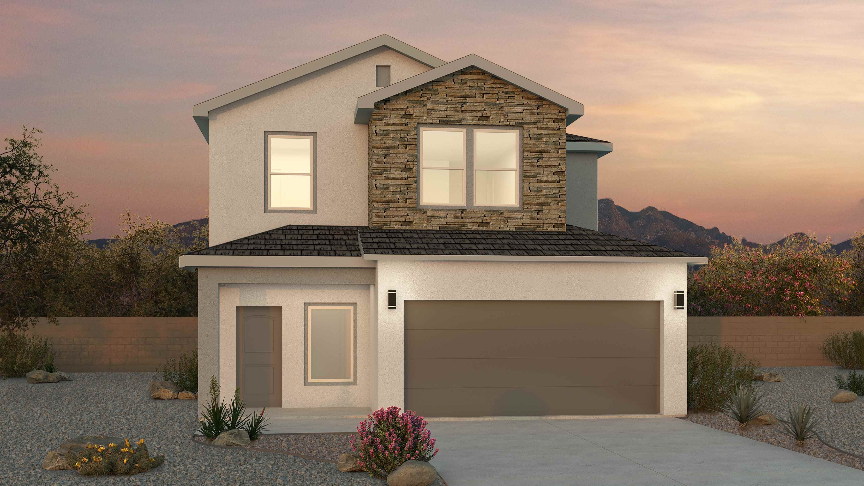 Front exterior highlighting porch, entry walkway, and elevation features at Los Diamantes Phase III