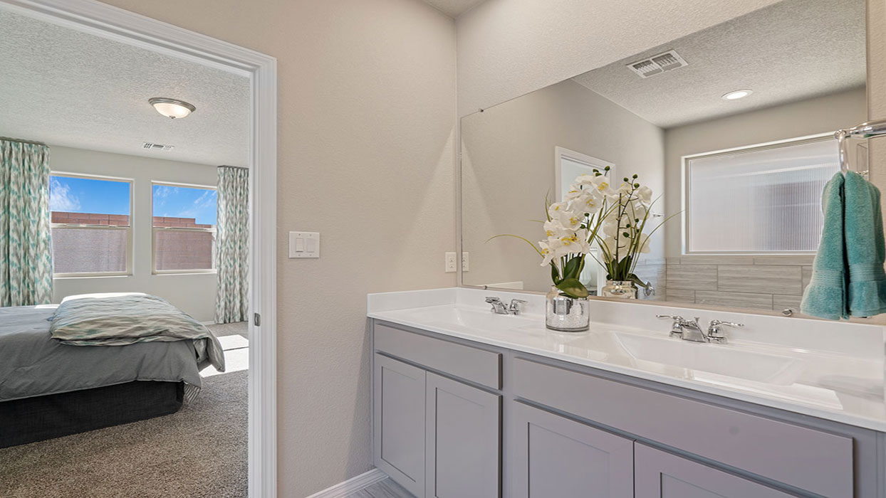 Owner’s bathroom vanity shown looking toward the primary bedroom for full suite connection at Los Diamantes Phase III
