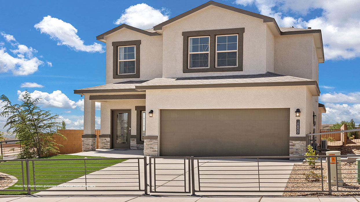 Exterior two-story home with stone detailing